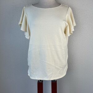 EUC Max Studio Womens Striped Yellow with Ruffled Style Short Sleeves Size L